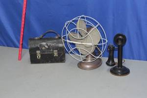 lot 33 image: antique fan, phone speaker and tin container