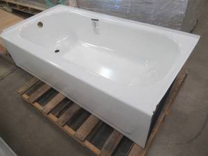 lot 501 image: Aloha 60 x 30 Steelcast Bathtub, Slight Enamel Chip By Front RH Tile Flange (Tile should cover after installation). In nice condition.