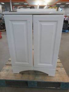 lot 524 image: Glacier Bay 24 Vanity Cabinet With Carrera Top (Cabinet is Cracked and Joints are Loose - Needs Some TLC, Top is in nice condition.
