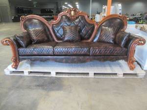 lot 544 image: Acme Furniture Picardy Rolled Arm Leather Straight with Wood Frame Sofa in Brown, With 5 Throw Pillows, Approximate Dimensions 110 x 39 x 50 Tall. Like New