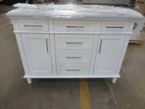 lot 555 image: Vanity Cabinet With Center Basin and Marble Top and Backsplash. Approximate Dimensions 48 x 22 x 34 12 Tall - Like New, Very Nice Condition.