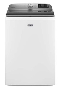 lot 516 image: Maytag 5.2 cu. ft. Smart Capable White Top Load Washing Machine with Extra Power Button, MVW7232HWO - Dent On Front Bottom (See Photos)