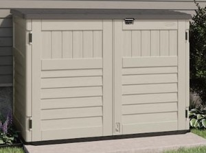 lot 547 image: Suncast Stow-Away 3 ft. 8 in. x 5 ft. 11 in. Resin Horizontal Storage Shed, BMS4700 - Like New, Assembly Required.