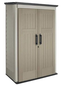 lot 548 image: Rubbermaid Big Max 2 ft. 6 in. x 4 ft. 3 in. Large Vertical Resin Storage Shed, 1887156 - Manufacture Bound, Like New. Assembly Required.