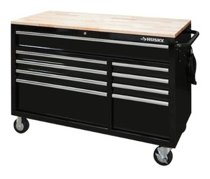 lot 554 image: Husky 52 in. W x 25 in. D Standard Duty 9-Drawer Mobile Workbench Tool Chest with Solid Wood Top in Gloss Black, HOTC5209B12M - LIKE NEW Not a Scratch