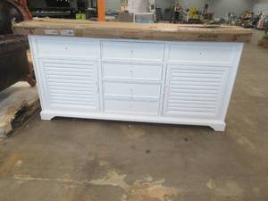 lot 500 image: James Martin Savannah Vanity in White With Marble Top. - Missing undermount Basins and a Couple Drawer Pulls. Vanity Cabinet and Top are in Really Nice Condition