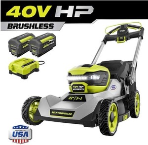 lot 587 image: RYOBI 40V HP Brushless 21 in. Cordless Battery Walk Behind Self-Propelled Lawn Mower with (2) 6.0 Ah Batteries and Charger, RY401140US - LIKE NEW - STARTSRUNS WELL