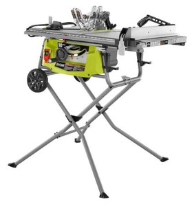 lot 597 image: RYOBI 15 Amp 10 in. Expanded Capacity Portable Table Saw With Rolling Stand, RTS23 - Like New, StartsRuns Well