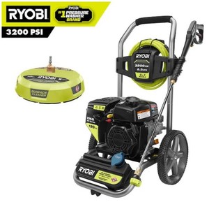lot 562 image: RYOBI 3200 PSI 2.3 GPM Cold Water 196cc Kohler Gas Pressure Washer and 15 in. Surface Cleaner, RH265 - Like New, Requires Assembly. Appears to be complete. Box Had Water Damage, Tool Appears to be fine.