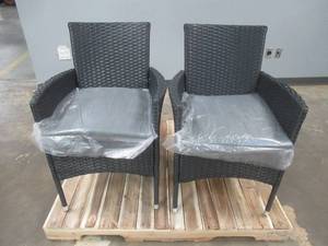 lot 582 image: (2) Wicker Outdoor Arm Chairs in Gray With Grey Cushion - NEW