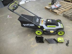 lot 586 image: RYOBI 40V HP Brushless 20 in. Cordless Battery Walk Behind Push Mower with Battery and Charger, RY401170VNM - BLADES TRY TO ENGAGE, BUT DIES. NEEDS WORK.