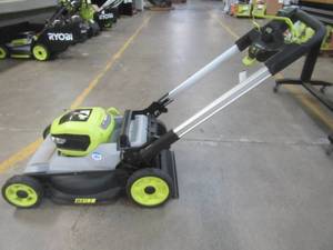 lot 589 image: RYOBI (TOOL ONLY) 40V HP Brushless 21 in. Cordless Battery Walk Behind Self-Propelled Lawn Mower, RY401014US - Missing Batteries and Charger, Bag, Crack in Battery Cover - Starts and Runs Well