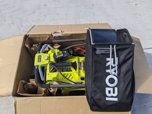 lot 6 image: Ryobi 18V One Lithium Ion 16 Mower Kit with Mower, Bag, Start Key, (2) Batteries, Charger, Owners Manuals