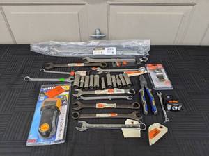 lot 114 image: Assortment of Tools Wrenches, Zircon Multi Function Wall Scanner, Headlamp, Sockets and More