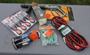 lot 107 image: Assortment of Automotive Accessories Jumper Cables, Ratchet Tie Downs, 38 Air Regulator, Pressure Washer Gun and More