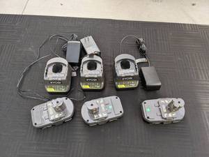 lot 222 image: (3) Ryobi ONE Lithium 18V Battery Chargers and (3) Ryobi Rechargeable Batteries