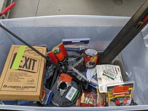 lot 223 image: Assortment of Handyman Accessories - Exit Sign, Campbell Hausfeld Blow Gun, Flex Tape, Casters, Headlamp, Tubing Cutter, and more
