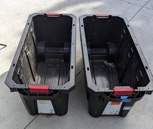 lot 196 image: Husky 45 Gal. Latch and Stack Tote with Wheels in Black