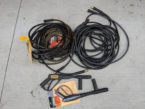 lot 148 image: DEWALT Pressure Washer Professional Spray Guns, DEWALT 38 in. x 50 Ft. Pressure Washer Replacement Extension Hose and Power Care 14 in. x 25 Ft. Platinum Non-Marring Replacement Extension Hose