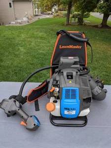 lot 163 image: Lawnmaster NO-PULL 175 MPH 470 CFM 31cc Gas with Electronic Start Backpack Leaf Blower