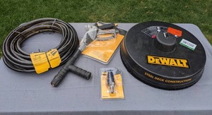 lot 135 image: DEWALT Steel Deck Pressure Washer 18 in. Surface Cleaner, DEWALT Pressure Washer Turbo Spray Nozzle, DEWALT Pressure Washer Professional Spray Gun and DEWALT 38 in. x 50 Ft. Pressure Washer Replacement Extension Hose