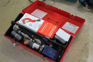 lot 985 image: Tool Box w Plumbing Tools and Supplies