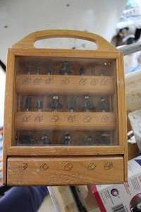 lot 999 image: Router Bit Set (New ) w Wood Storage Cabinet