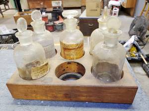 lot 25 image: Wooden Container With Five Glass Chemical Jars