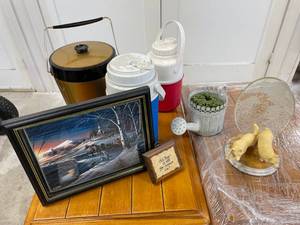 lot 76 image: Ice Container, 8 x10 Copy Of Terry Redlin Picture, Water Dispensers, Wolf Statue-Lights Up