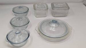 lot 30 image: 6 Piece  Vintage Glass Covered Casseroles and Refridgerator Dishes-Fire King & More