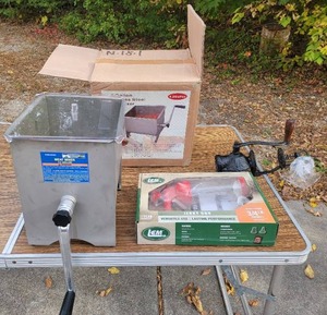 lot 08 image: 4.2 Gallon Stainless Steel Meat Mixer, LEM Jerky Gun, & Vintage Arcade Crystal Meat Grinder