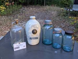 lot 240 image: Vintage Henderson Foot Warmer, Ball Mason Jars & Glass Jug