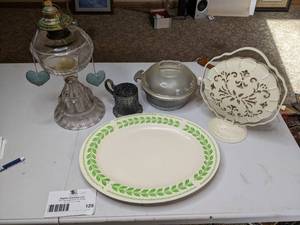 lot 129 image: 5-Piece Collectible Vintage Metal, Ceramic, & Glass Collection- Guardian Service Cookware, Homer Laughlin & More