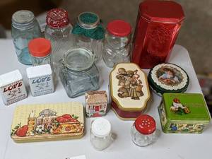 lot 133 image: 14- Piece Vintage Glass and Tin Containers- Ball, Hummel, & More