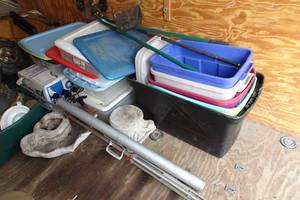 lot 303 image: Contents of Trailer - Plastic Storage Bins, Lighting, Cookware