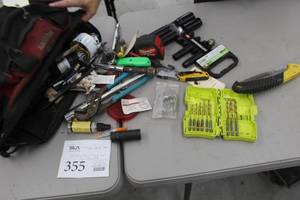 lot 355 image: Husky Tool Bag w Hand Tools, Drill Bits, Slide Lock Pliers, Impact Sockets, Utility Knives, Tape Measure, Misc. Tools