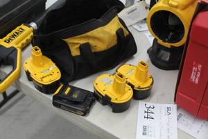 lot 344 image: DeWalt Soft-Side Tool Bag w (4) DeWalt Cordless Tool Batteries - 20V, 18V, 14.4V