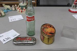 lot 436 image: Lot of (3) Vintage Collectibles - Coke Tins (x2), Bottle (x1)