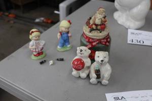 lot 431 image: Coca-Cola Table Dcor - Statues (x2), Salt & Pepper Shaker Set (x1), Candle (x1)