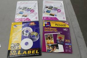 lot 417 image: Lot of (4) Office Supplies - CDDVD Labels (x1), Avery 4x6 Glossy Print Paper (x1), Office Depot Business Card Page Holders (x2)