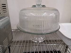 lot 789 image: Glass Cake Stand with Lid, CorningWare French White Stoneware Cooking Bowl