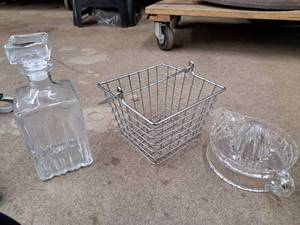 lot 756 image: Vintage Whisky Bottle, Juicer and Wire Basket