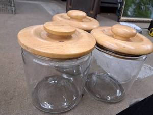 lot 762 image: Lot of (3) Vintage CookieSpiceSeason Jar with Wood Lid