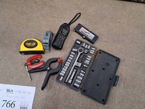 lot 767 image: Lot of (6) Hand Tools - Strait-Line Laser Level, Puller, Spring Clamp, Socket Set, Laser Level Magnetic Adaptor