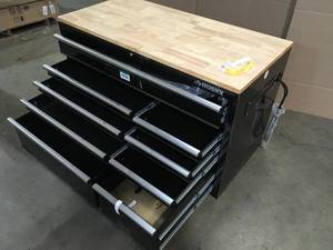 Husky 52 in W x 24.5 in. D Standard Duty 9-Drawer Workbench with 290-Piece Mechanics Tool Set in EVA Trays in Gloss Black Customer Returns See Terms on Auction