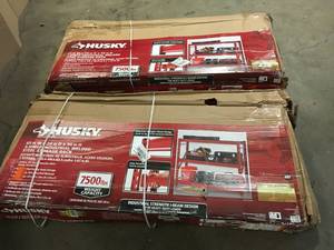 Lot of 2 Assorted Husky 3-Tier Heavy Duty Industrial Welded Steel Garage Storage Shelving Unit in Red (65 in. W x 54 in. H x 24 in. D)Customer Returns See Terms on Auction