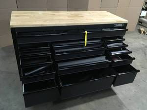 Husky 61 in. W x 23 in. D Heavy Duty 15-Drawer Mobile Workbench Tool Chest with Solid Wood Top in Matte Black  Customer Returns See Terms on Auction