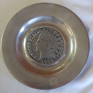 lot 340 image: United States of America 1908 Indian Head Pewter Vintage Dish Plate.