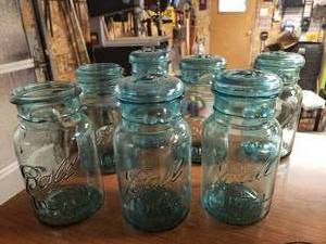 lot 407 image: Blue Ball Jars (7) Jars (5) Lids.
