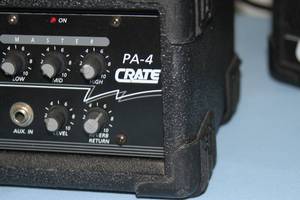 lot 28 image: Crate PA-4 4-Channel Powered Audio Amplifier with 2 PE-10T PA  DJ Speakers